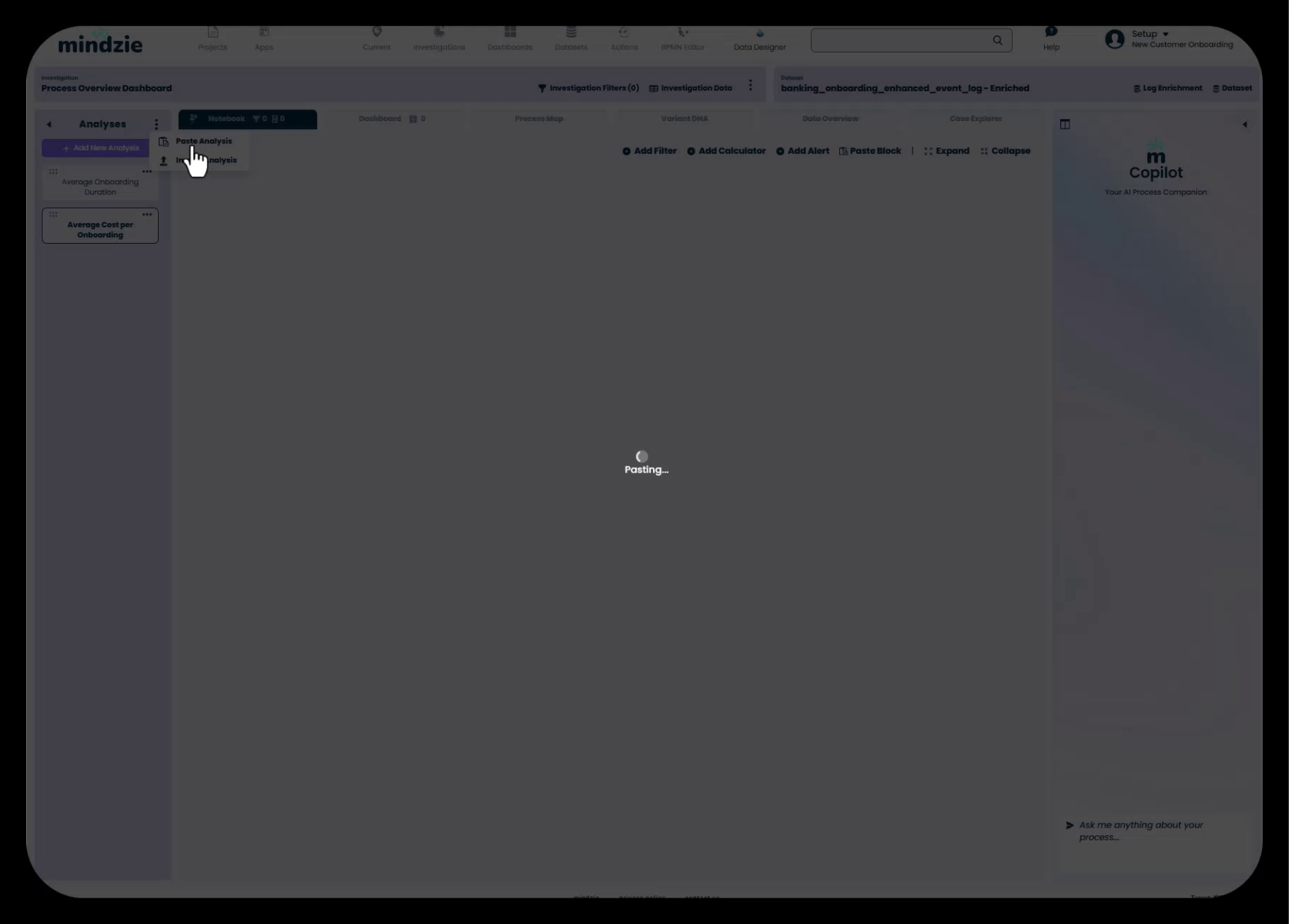 Paste menu option for analysis