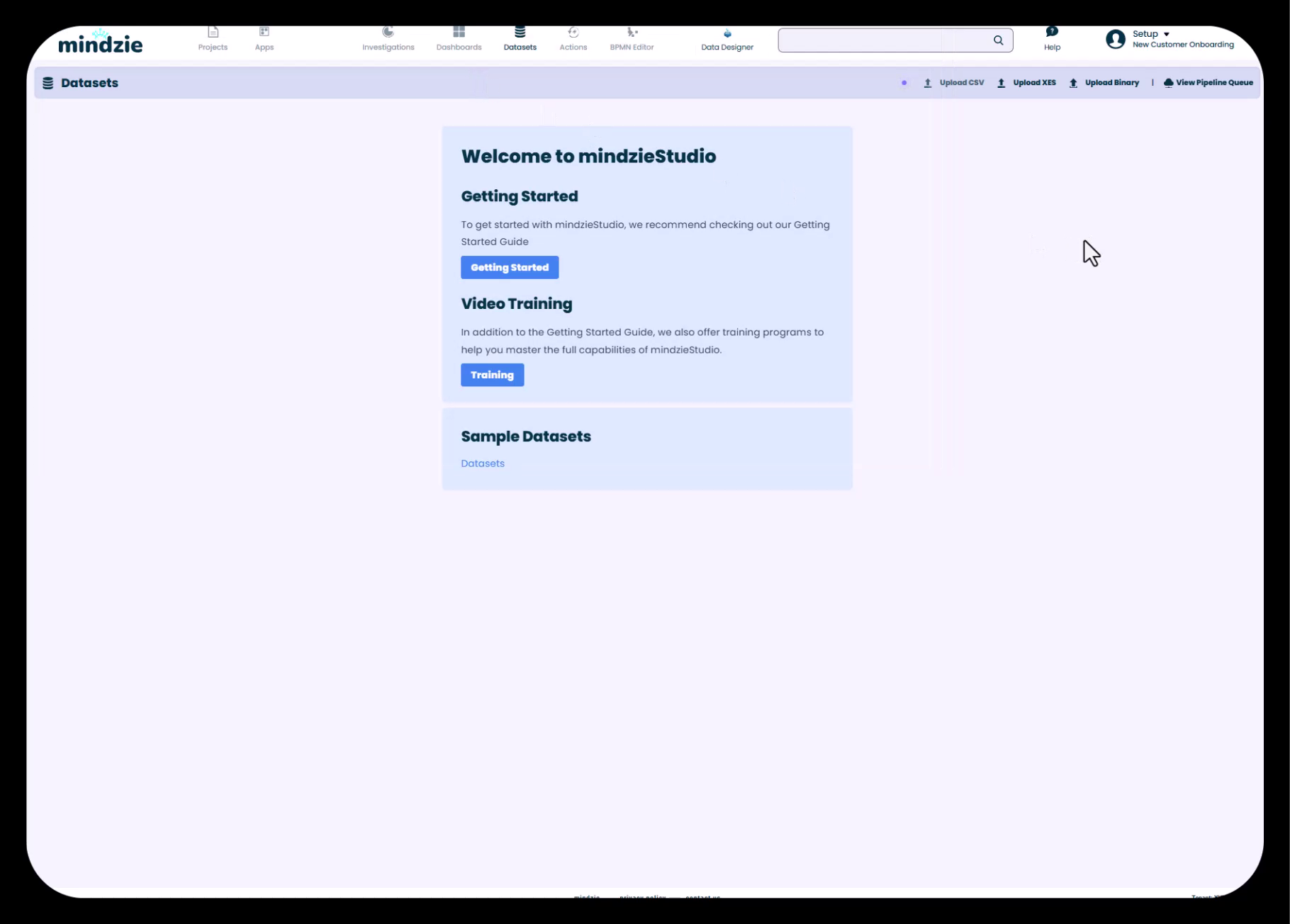 Datasets Welcome Screen