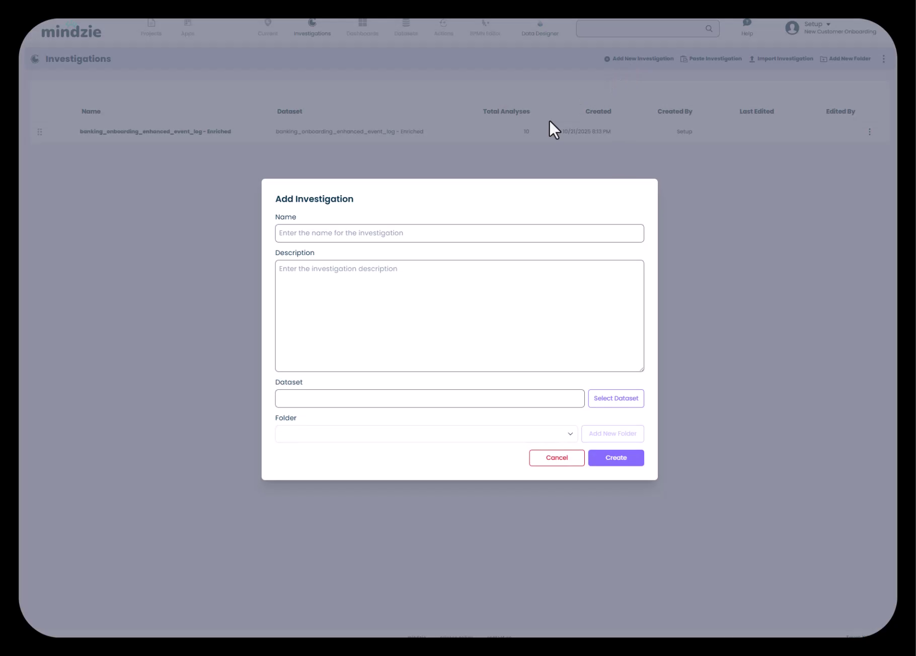 Investigation Creation Dialog