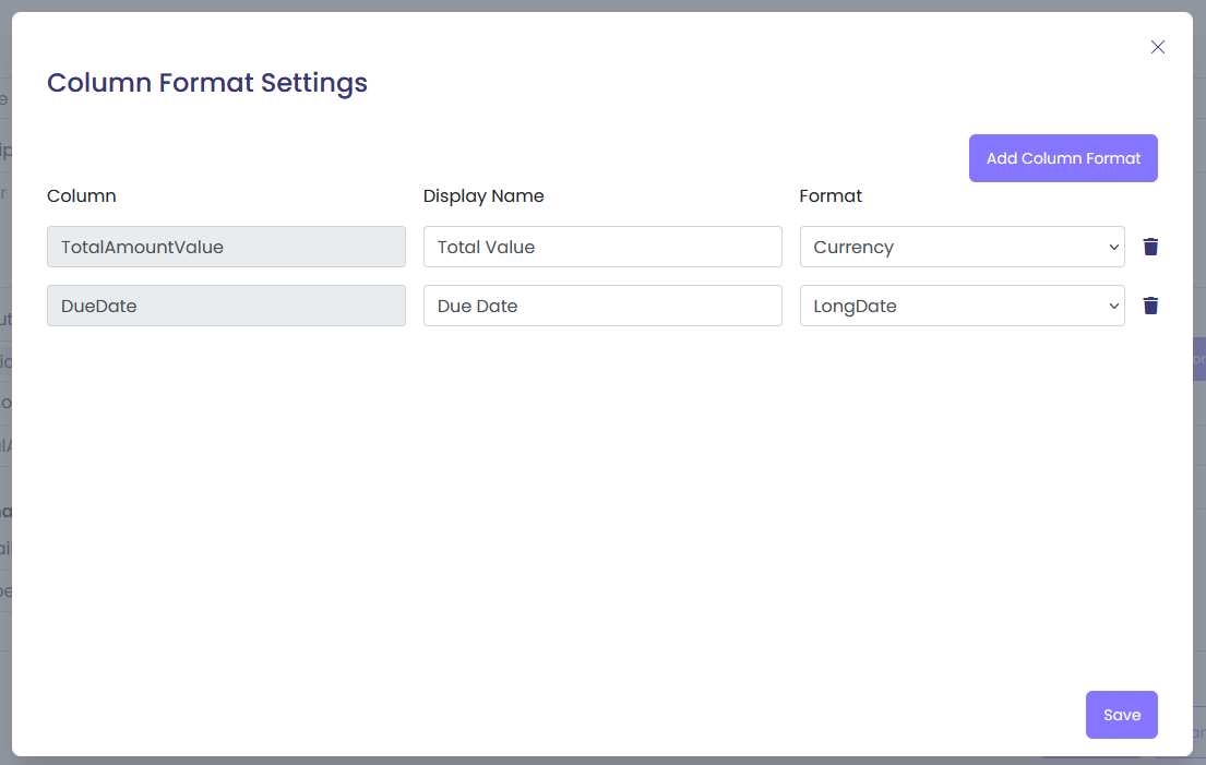 Column Format Settings showing TotalAmountValue formatted as Currency and DueDate formatted as LongDate