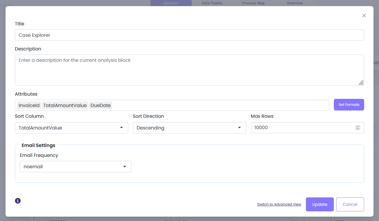 Case Explorer configuration dialog with InvoiceId, TotalAmountValue, and DueDate attributes selected, sorted by TotalAmountValue in descending order