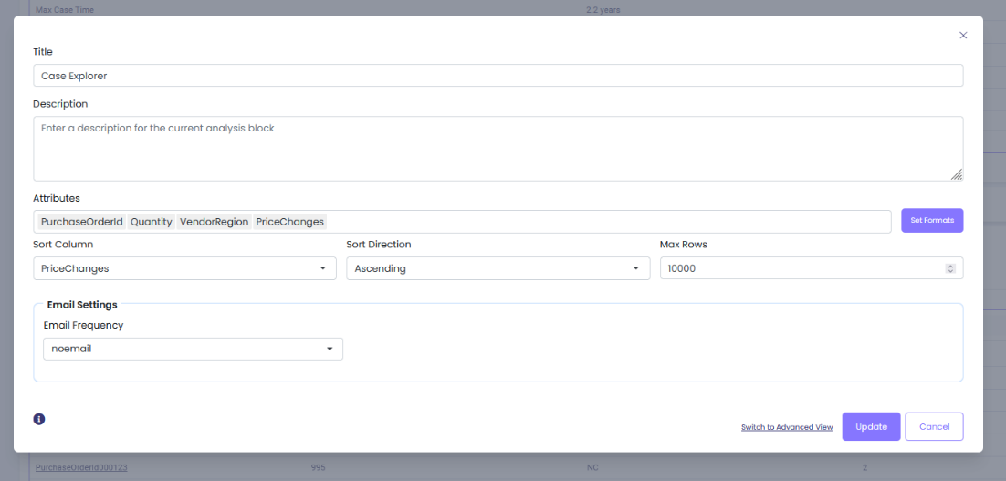 Case Explorer settings with PurchaseOrderId, Quantity, VendorRegion, and PriceChanges attributes