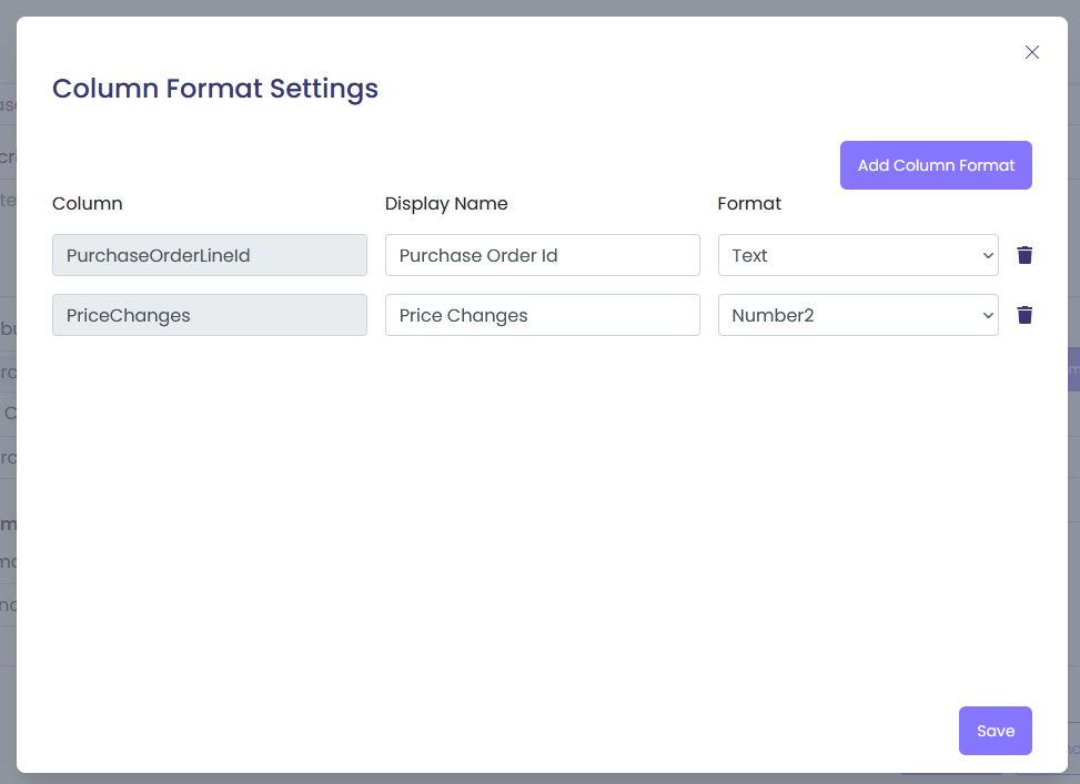 Column Format Settings showing PurchaseOrderId as lowercase text and PriceChanges with 2 decimal precision
