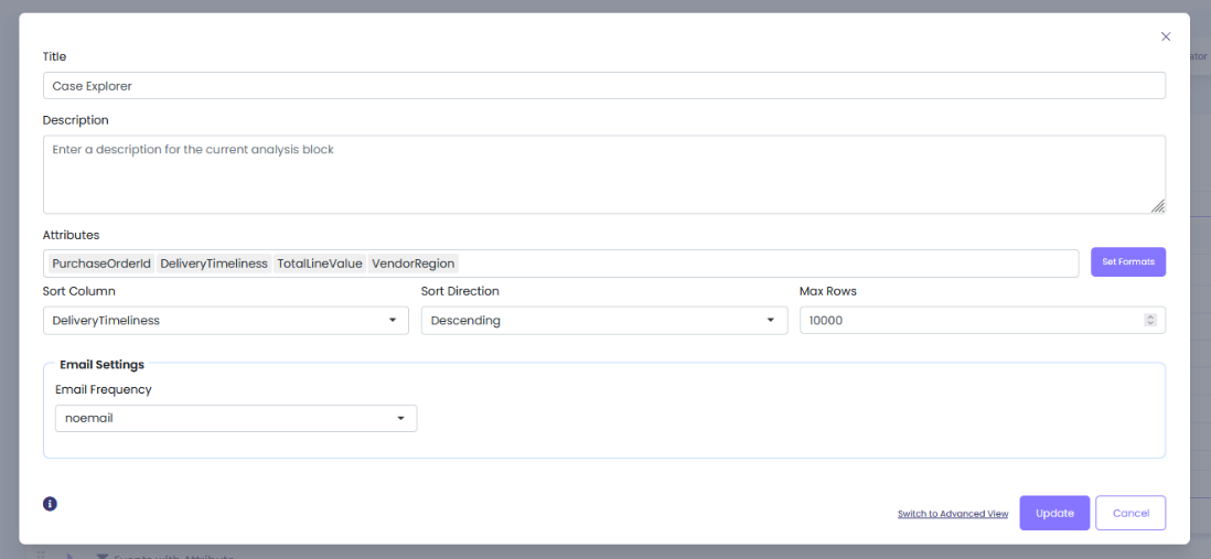 Case Explorer settings with PurchaseOrderId, DeliveryTimeliness, TotalLineValue, and VendorRegion attributes